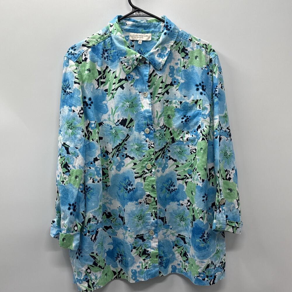 Jones New York Button Up Blouse Women Blue Floral Watercolor Linen Lagenlook 2X